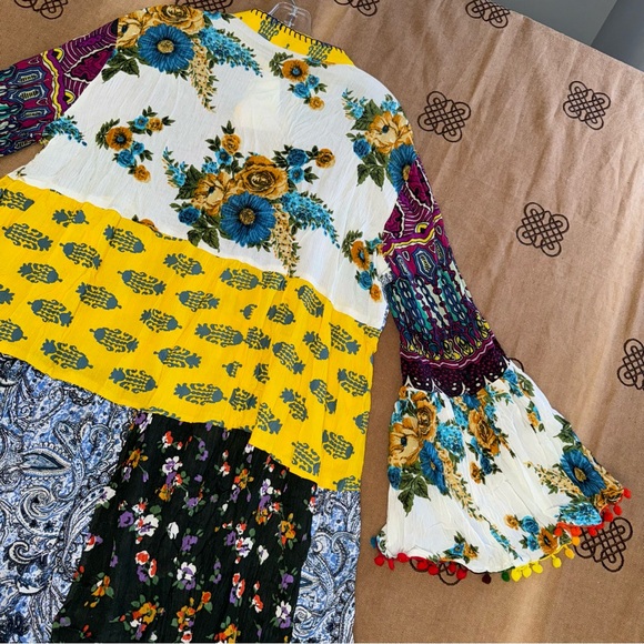 Anandas Collection NWT! Yellow/Multi Patchwork Boho Chic Shift Dress Top Coverup - Picture 14 of 17